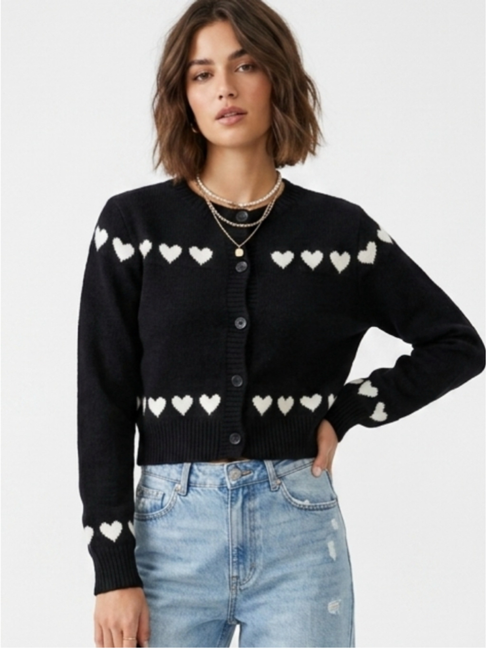 Y2K Coquette Aesthetic Black Knit Button Down Cardigan w/ White Hearts Small 502
